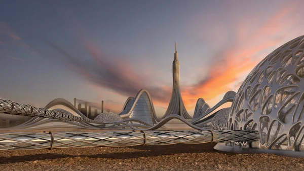 城市天际线的3D图解 带有未来主义建筑和有机穹顶结构 由管状人行道连接 用于幻想或科幻小说背景 — 图库照片