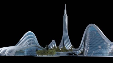 Bilimsel kurgu veya fantezi geçmişleri için dosyada yer alan kırpma yolu ile siyah üzerine izole edilmiş, organik mimarisi olan gelecekçi bir şehrin 3D çizimi.