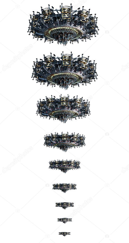 3D rendering collage of UFO spaceship instances, isolated on white with the clipping path included in the file, for science fiction artwork or video game backgrounds.