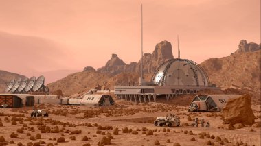Mars Koloni Ana Kampı 'nda yerleşim yerleri, gezginler, iletişim antenleri ve çalışan astronotlar var. 3 Boyutlu resimleme.