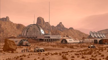 Mars Koloni Ana Kampı 'nda yerleşim yerleri, gezginler, iletişim antenleri ve çalışan astronotlar var. 3 Boyutlu resimleme.