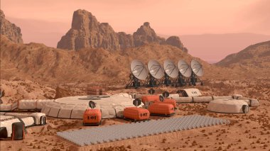 Mars koloni ana kampı, yerleşim yerleri, gezginler, araştırma tesisleri, laboratuvarlar ve iletişim antenleriyle. 3 Boyutlu resimleme.