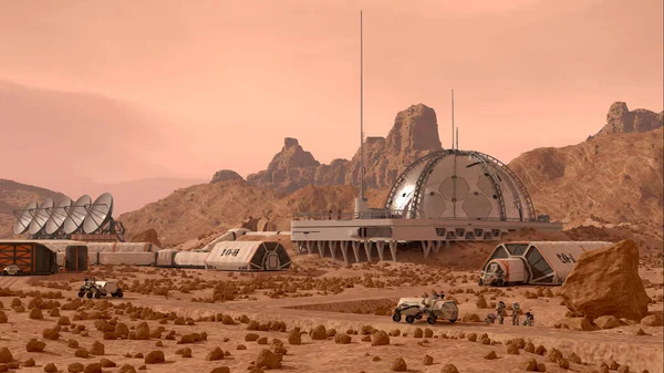 Colônia Marte Acampamento Base Com Cúpulas Habitação Rovers Antenas Comunicação Fotografias De Stock Royalty-Free