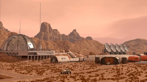 Camp Base Colonie Martienne Avec Dômes Habitation Rovers Installations Recherche Images De Stock Libres De Droits