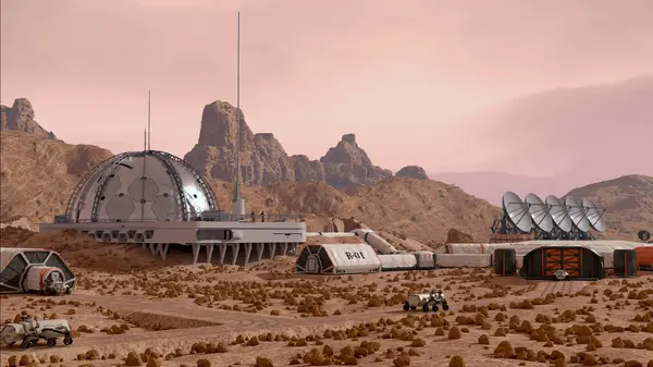 Colônia Marte Acampamento Base Com Cúpulas Habitação Rovers Instalações Pesquisa Imagens Royalty-Free