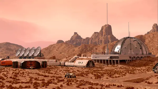 Campo Base Della Colonia Marte Con Cupole Abitative Rover Strutture Immagine Stock
