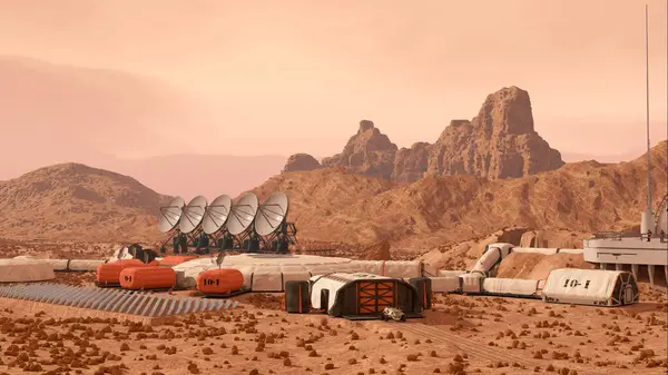 Colônia Marte Acampamento Base Com Cúpulas Habitação Rovers Instalações Pesquisa Fotografia De Stock
