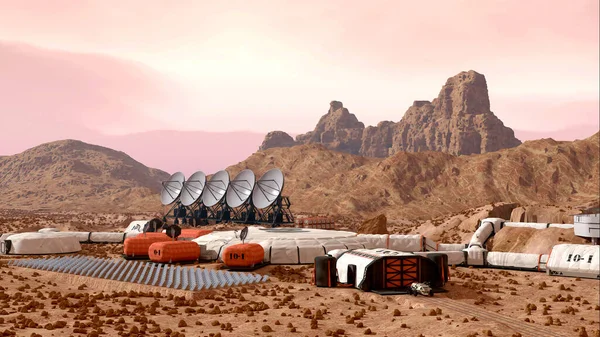 Camp Base Colonie Martienne Avec Dômes Habitation Rovers Installations Recherche Photo De Stock