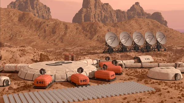 Colônia Marte Acampamento Base Com Cúpulas Habitação Rovers Instalações Pesquisa Imagem De Stock
