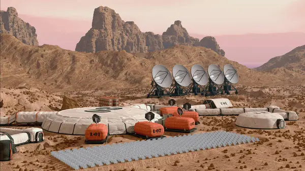 Campo Base Della Colonia Marte Con Cupole Abitative Rover Strutture Fotografia Stock