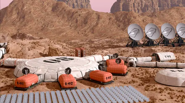 Colônia Marte Acampamento Base Com Cúpulas Habitação Rovers Instalações Pesquisa Fotografias De Stock Royalty-Free