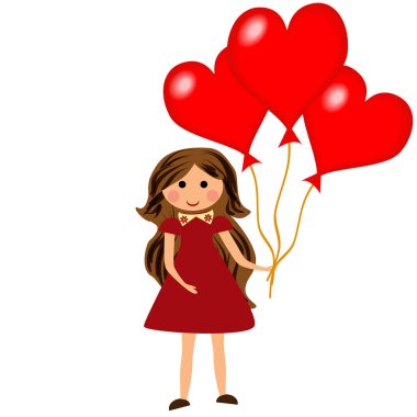 Kalp şeklinde balonlu küçük kız. Beyaz arka plan üzerinde izole kırmızı balon ile güzel kız karakteri.