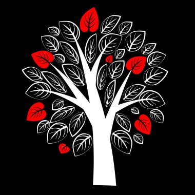 Siyah arka plan üzerinde yaprakları ile güzel beyaz ağaç