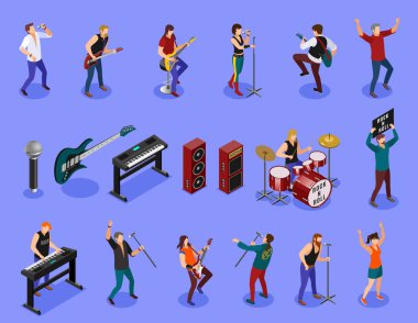 Rock müzisyenleri izole arkaplana izometrik simgeler koydu