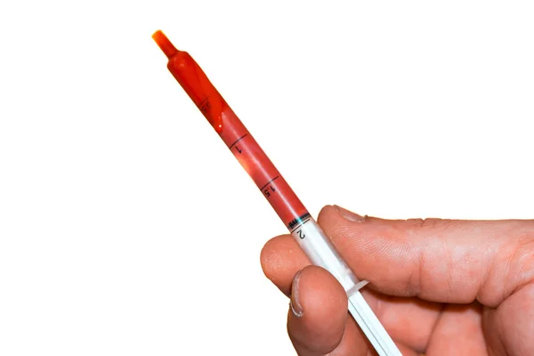 Syringe Blood Hand Isolated Background — Stock Photo, Image