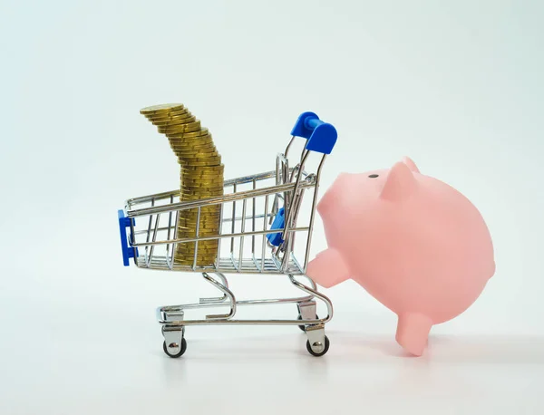 Piggy Bank Pushing Shopping Cart Coins Top White Background — Stock Photo, Image