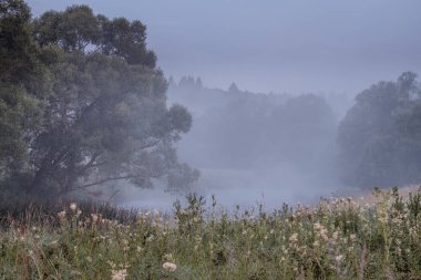 Sabahın erken saatlerinde nehirde alacakaranlıkta sis