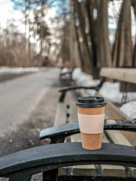 Paper cup with coffee in the park on the bench