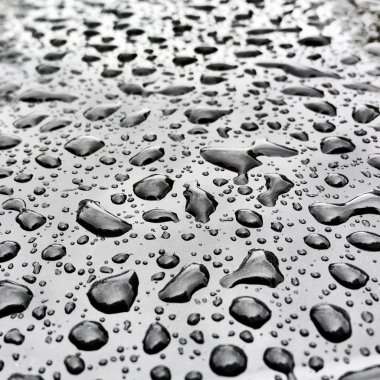 Parlak siyah bir yüzeyüzerinde şeffaf su damlaları.