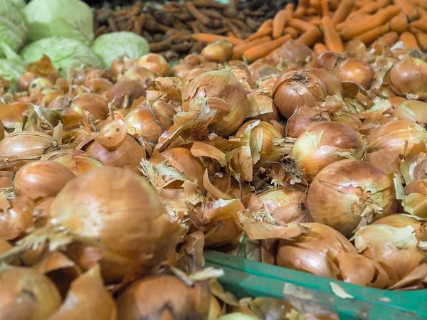 Корзины на большом рынке с различными овощами по весу. Лук, капуста, морковь. Травяные ингредиенты для приготовления пищи . — стоковое фото