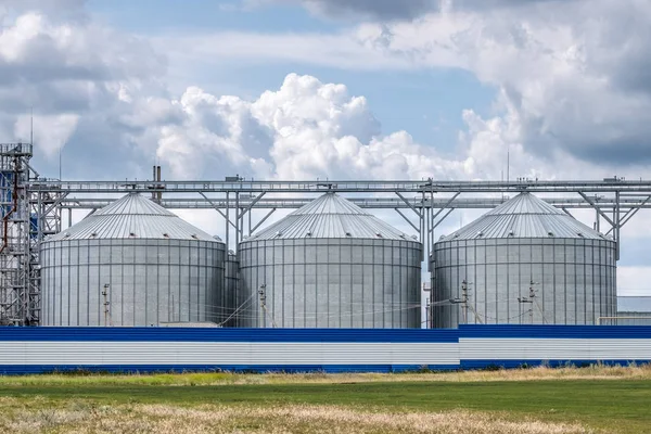 Grandes silos de plata modernos para almacenar y procesar cultivos en verano día soleado contra un cielo azul con nubes cúmulos . — Foto de Stock