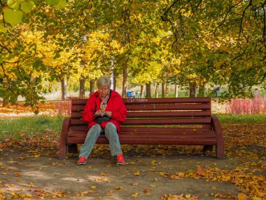 Moskova. - Rusya. 3 Ekim 2020 'de, gri saçlı yaşlı bir kadın bir ağacın altındaki bankta oturuyor ve kitap okuyor..