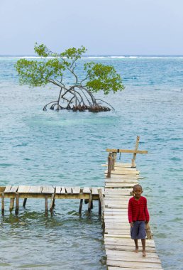 Roatan, Honduras-Ocak 16, 2019: Roatan Island, Honduras üzerinde Karayip Denizi Balıkçılık iskelede tanımlanamayan çocuk yürüyüşler.