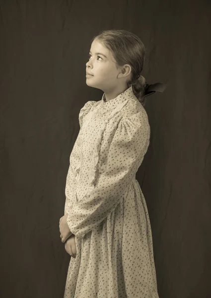 Little Girl Turn 20Th Century Clothing Replica Antique Photo — Stock Photo, Image