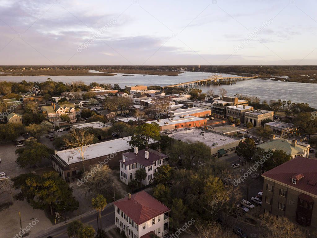 Aerial view of historic district of Beaufort, South Carolina at the golden hour.