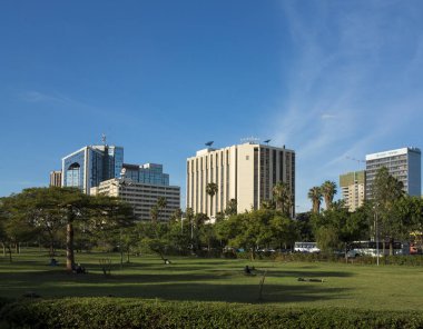Nairobi, Kenya - Yaklaşık Kasım, 2015: Palmiyeler, ağaçlar ve arka planda gökdelenler ile şehir parkı