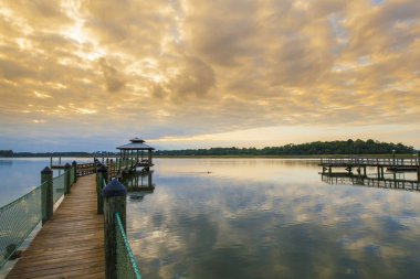 Rıhtım ve yunus ile Güney Carolina'da gün batımı