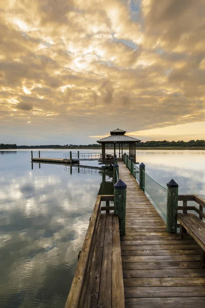 Wooden Dock Sunset Water Coastal Glendale South Carolina Usa — Stock Photo, Image