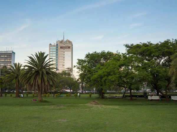 Nairobi Kenia Circa Listopad 2015 Park Miejski Palmami Drzewami Wieżowkami — Zdjęcie stockowe