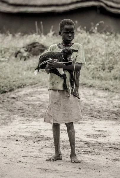 Girl with goat in South Sudan — Stock Photo, Image