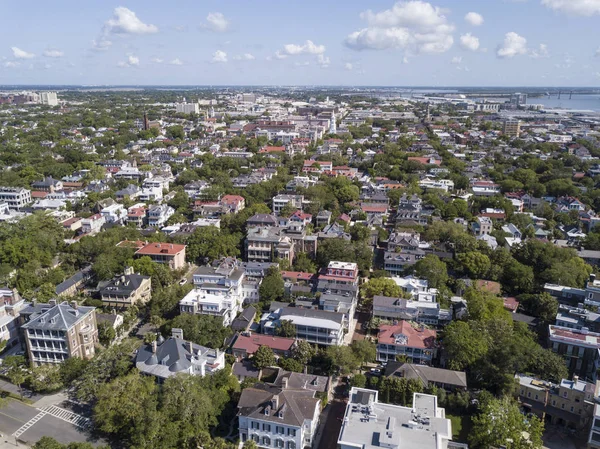 Aerial view of downtown historic Charleston, South Carolina from above White Point Gardens.