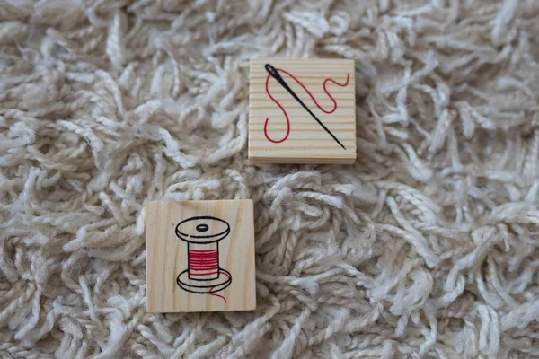 Wooden cubes with household items — Stok fotoğraf