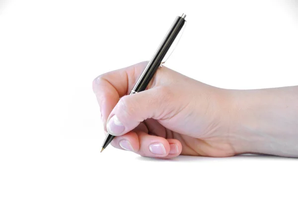 Die Hand Des Mannes Hält Einen Stift Und Schreibt Ein — Stockfoto