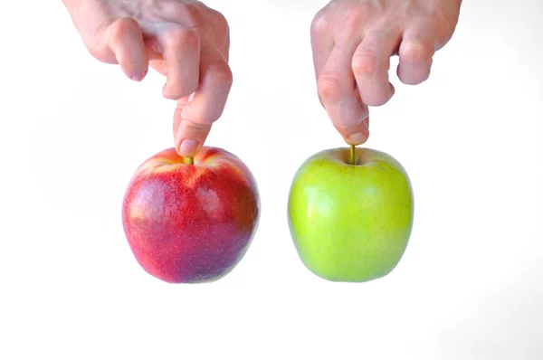 Man Holds Two Apples Root Red Green — Stock Photo, Image