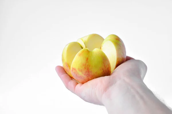 His Hand Apple Cut Four White Background — Stock Photo, Image