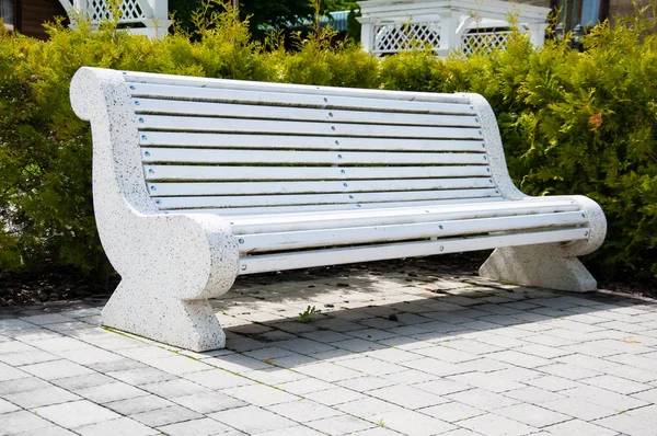 Large concrete benches with wooden elements. Near the alley in the park. Summer in the yard. Summer day.