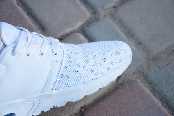 White Sneakers Background Paving Stones Park Involved Sports — Stock Photo, Image