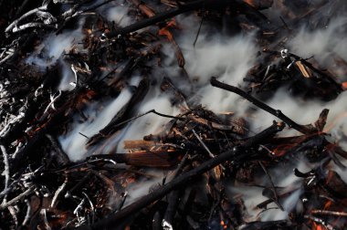 yangından duman. Söndürüldü şenlik ateşi. Dumanda küçük dallar