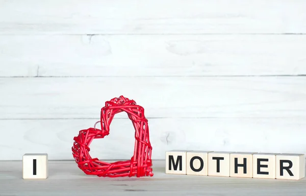 Love Mother Inscription Wooden Cubes White Background Red Heart — Stock Photo, Image