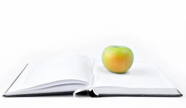 Open Book Apple White Background Science Knowledge Wisdom Concept — Stock Photo, Image