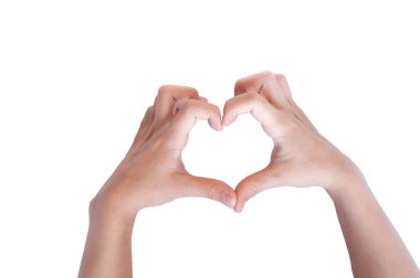 Elleri olan bir kalp. Elleri kalp şeklinde katlanmış. Beyaz arkaplanda izole