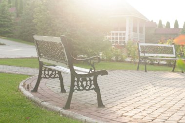  Evin yakınındaki bahçede bankta. Sabahları güneş ışınları.