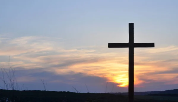 Cruz Jesus Silhueta Uma Cruz Madeira Fundo Pôr Sol — Fotografia de Stock