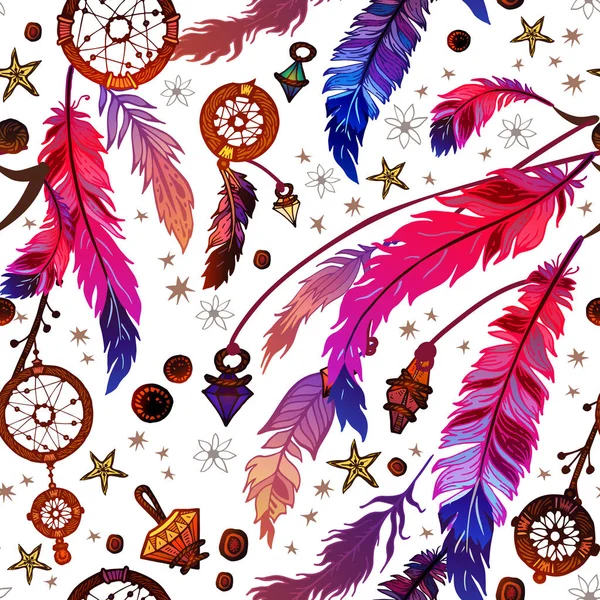 Ethnic feather seamless pattern in boho style. — Stock Vector