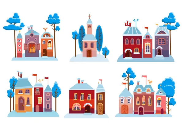 Cartoon christmas houses set. Snow winter city. — Stock Vector