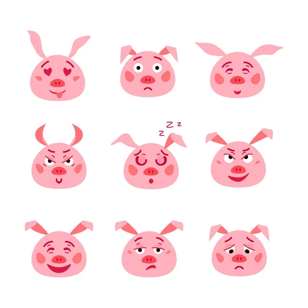 Jahr des schweins flache charakter emoji-set. — Stockvektor